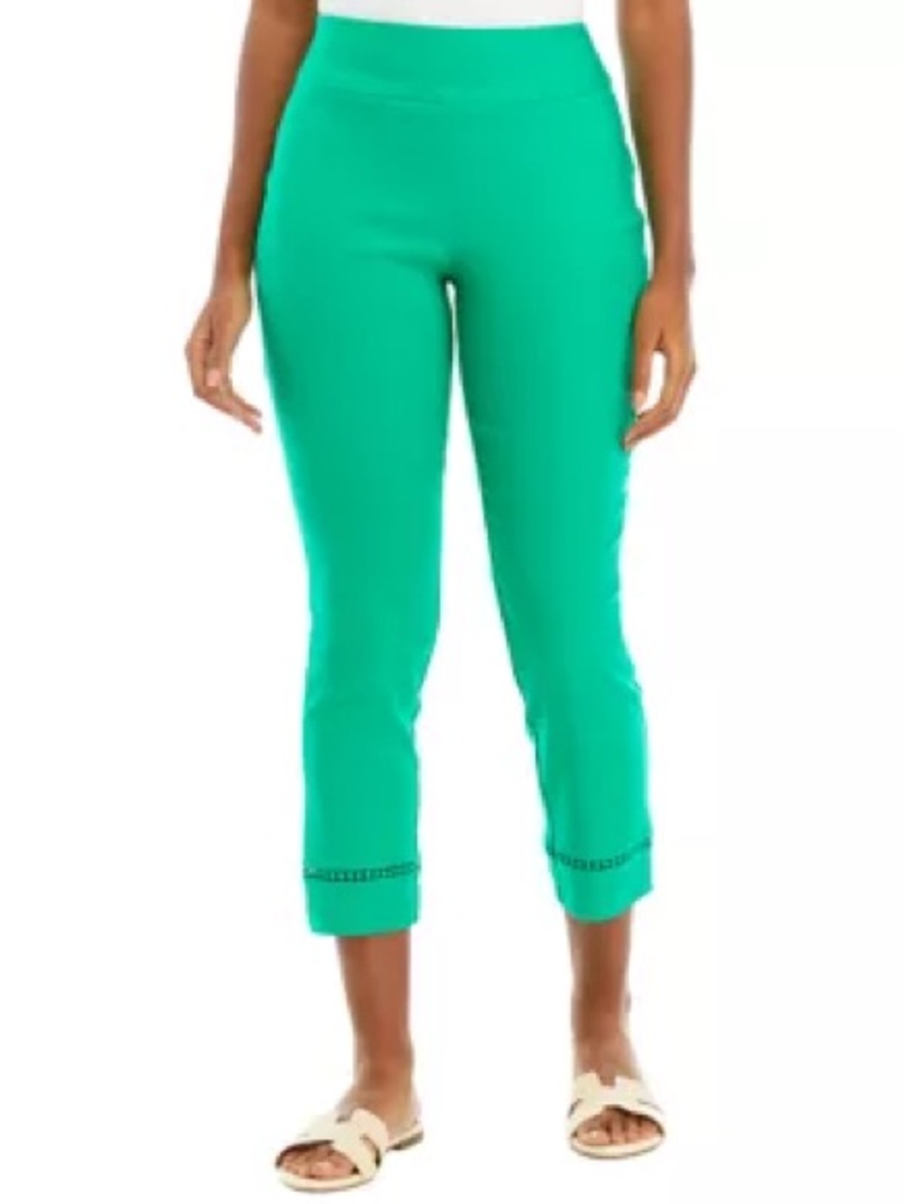 Crown & Ivy Green Crop Pants Size 10P Crocheted Hem Summer Travel Chic